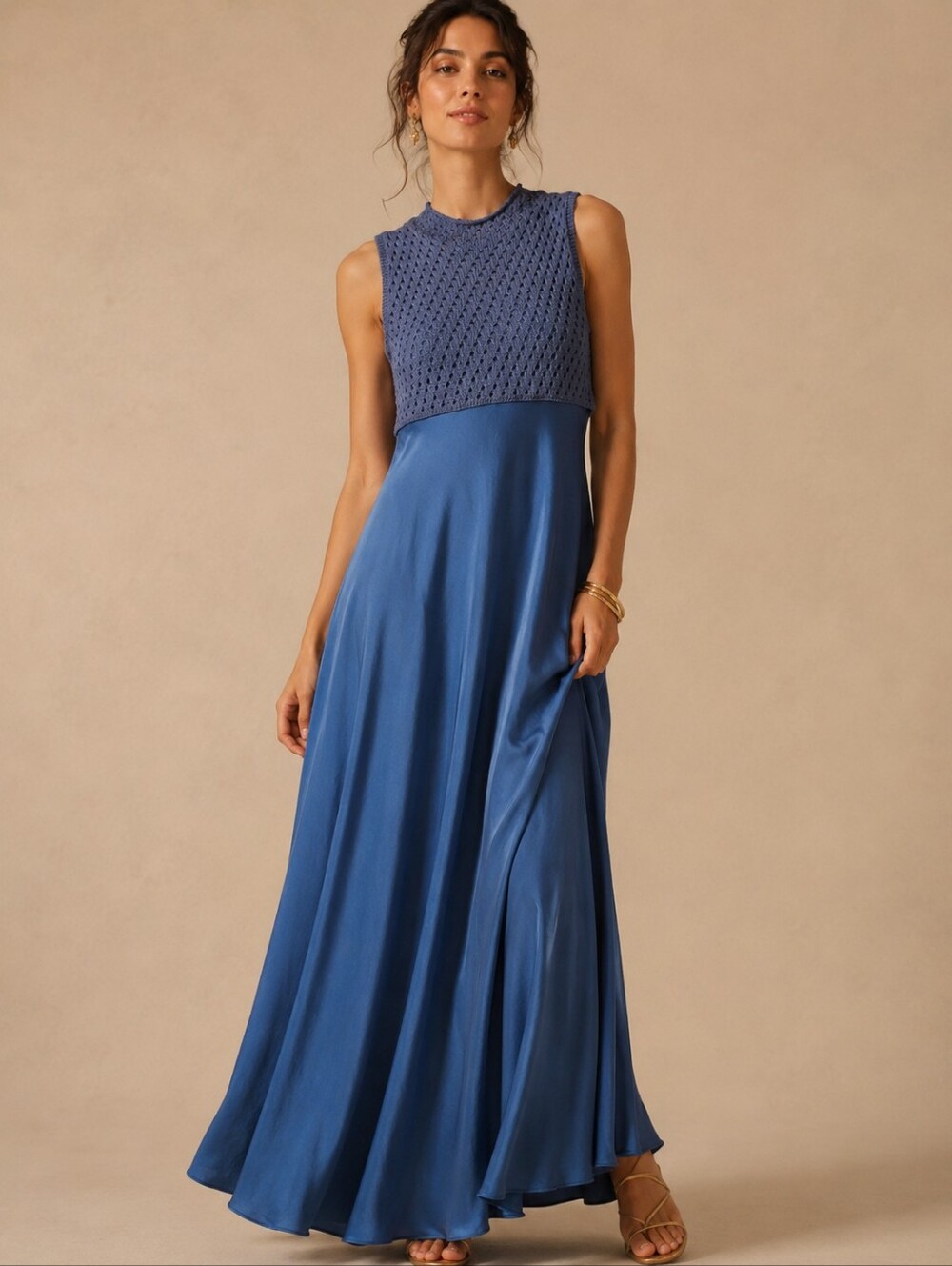 Mare Mare x Anthropologie Mock-Neck Sleeveless Dress Size S Maxi Satin Knit